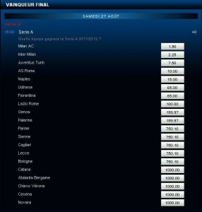 Cote de France-Pari sur le vainqueur de la Série A du Championnat d’Italie pour la saison 2011-2012