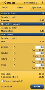 Coupon Système de 3 paris chez le bookmaker EurosportBET