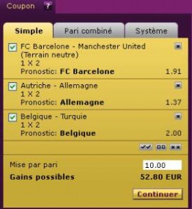 Contenu de l’onglet ‘Simple’ du coupon Sajoo suite à la sélection de 3 paris 1N2