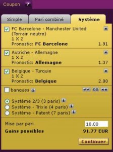 Contenu de l’onglet ‘Système’ du coupon Sajoo suite à la sélection de 3 1N2 et au choix du pari 2/3 (3 paris)