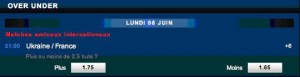 Exemple d’un pari Under/Over Plus de/Moins de 2,5 buts marqués sur le match Ukraine-France dans le cadre des qualifications pour l’Euro 2012