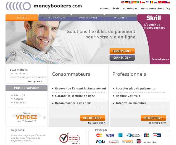 Premier menu du site www.moneybookers.com pour s’inscrire et ouvrir un compte Moneybookers
