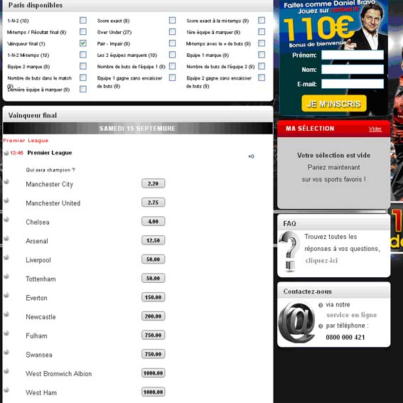 Pronostics et cotes du vainqueur final de Première Ligue Anglaise 2012-2013 chez NetBetSport
