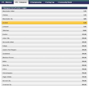 Cotes pour le vainqueur du Championnat Anglais de Premier League pour la saison de football 2011-2012 selon les pronostics du bookmaker EurosportBet