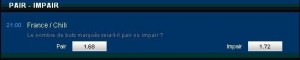 Cotes du pari ‘ Pair/Impair’ de l’opérateur France-Pari sur le match amical France-Chili dans le cadre de la préparation de l’Euro 2012.