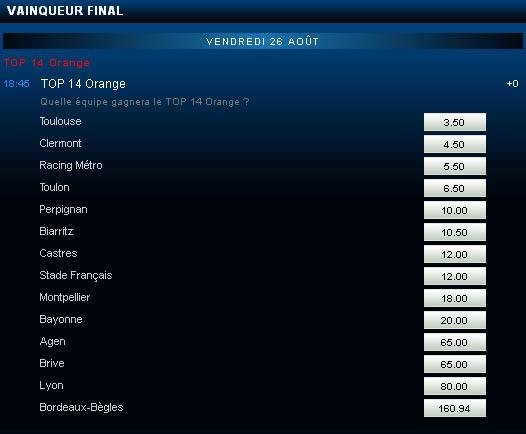 Cote France-Pari du vainqueur de la compétition de Rugby TOP 14 Orange pour la saison 2011-2012